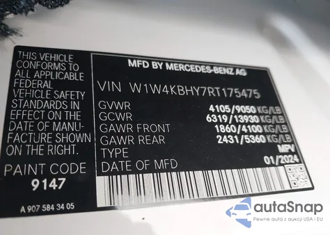 2024 Mercedes-Benz Sprinter 2500 Standard Roof 4-Cyl Diesel из США, поврежденный, VIN W1W4KBHY7RT175475
